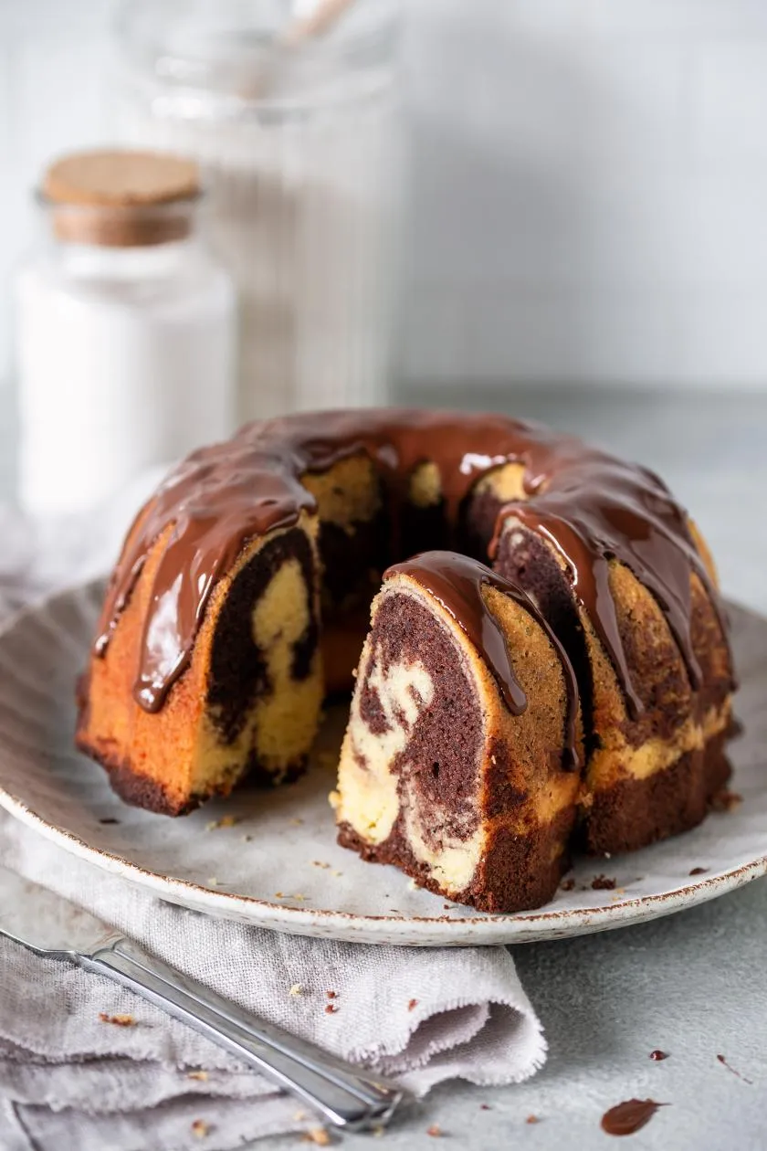 Ein klassischer, saftiger Marmorkuchen mit Schokolade und einem leichten Sahnehauch