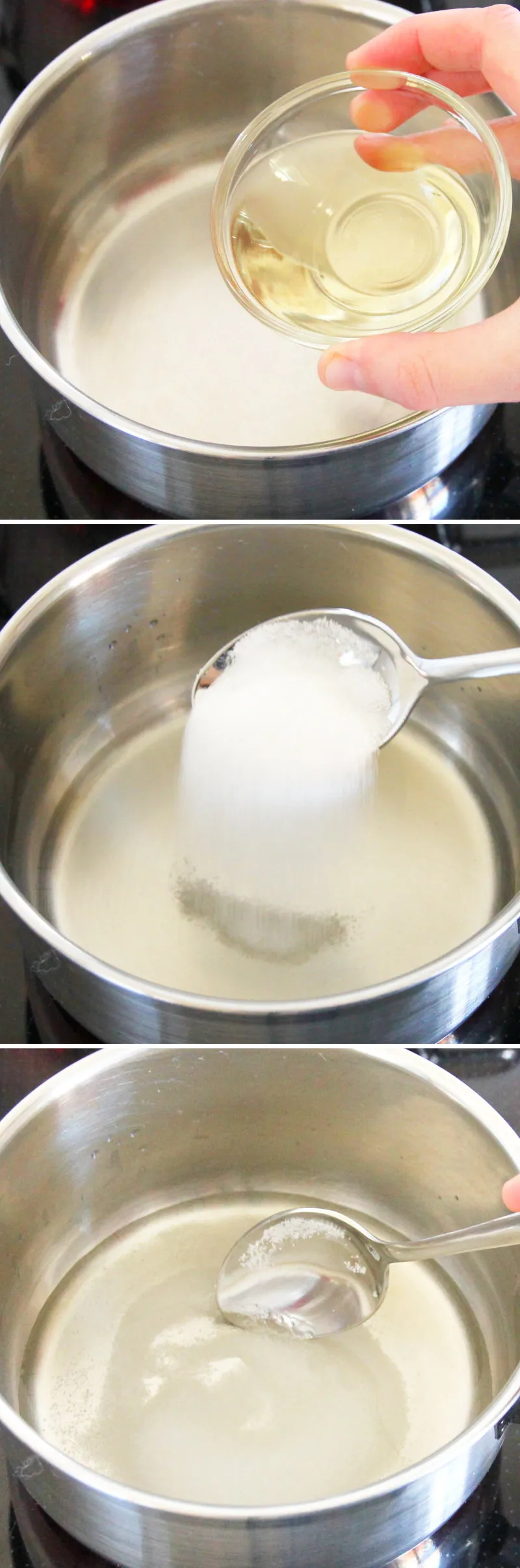 Ein kleiner Topf mit Reisessig, Zucker und Salz, der leicht erwärmt wird, um Sushi Essig herzustellen