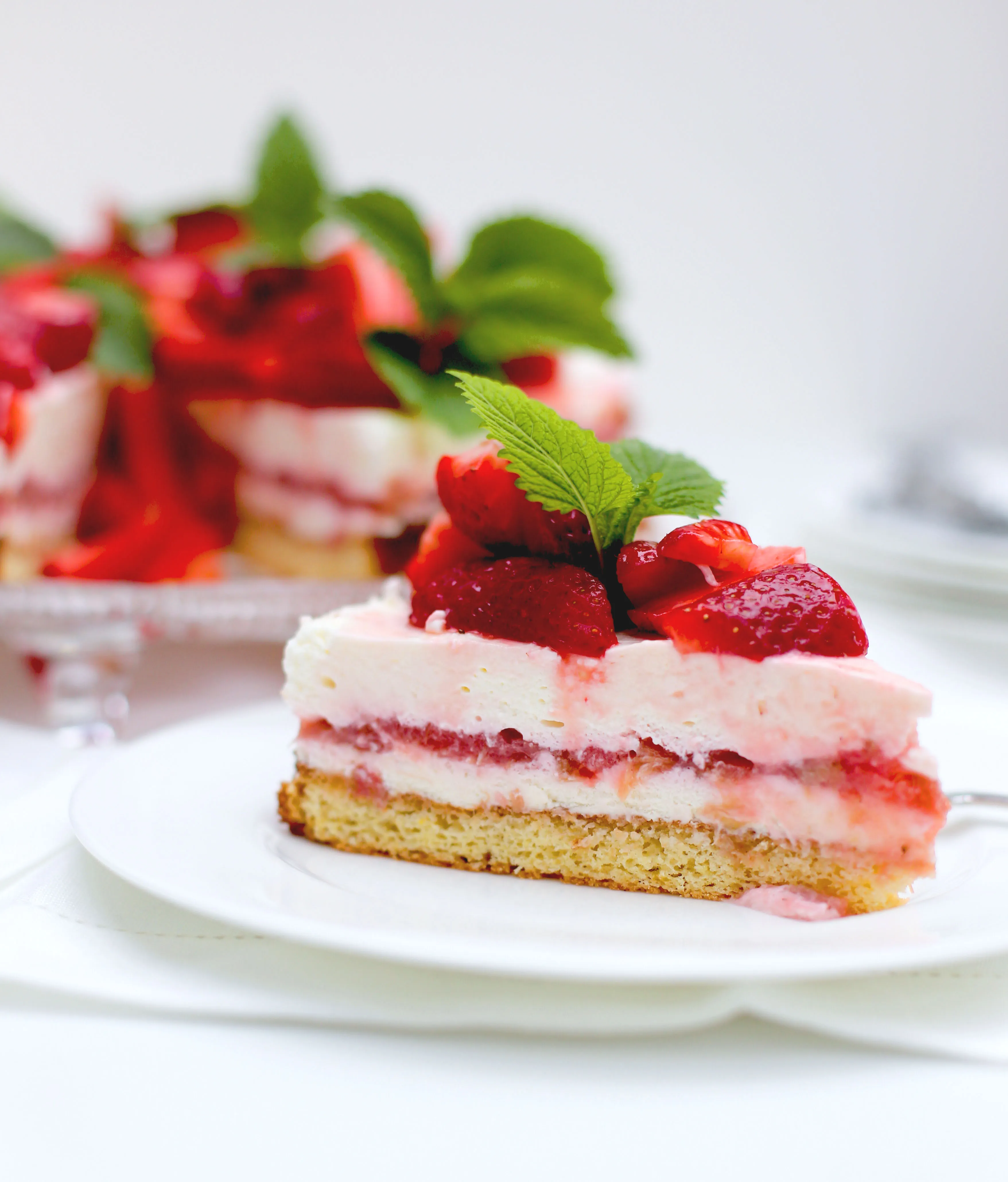 Ein köstliches Stück Rhabarber Käse-Sahne-Torte auf einem Teller, perfekt für den Sonntagskaffee
