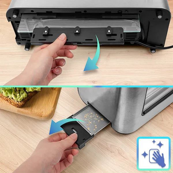 Ein Krümelfach, das aus dem Boden eines Toasters herausgezogen wird, um die einfache und hygienische Reinigung zu demonstrieren.