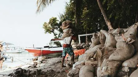 Ein malerischer Strandabschnitt auf Gili Air, Indonesien, mit einer Schaukel im Meer, Palmen und einem ruhigen, blauen Himmel.
