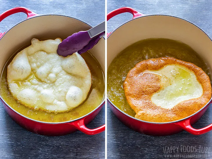 Ein Mann frittiert Langos in einer tiefen Pfanne für ein knuspriges Ergebnis