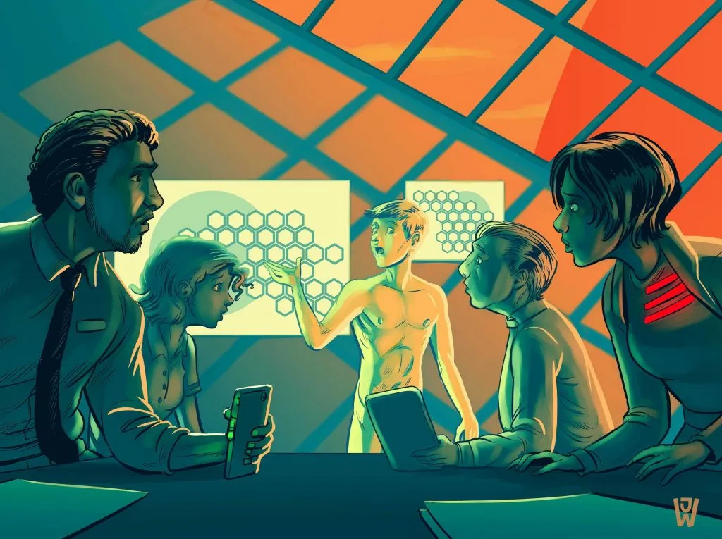 Ein Mann ist überrascht, dass seine Kleidung verschwunden ist, während er vor Kollegen eine Präsentation hält