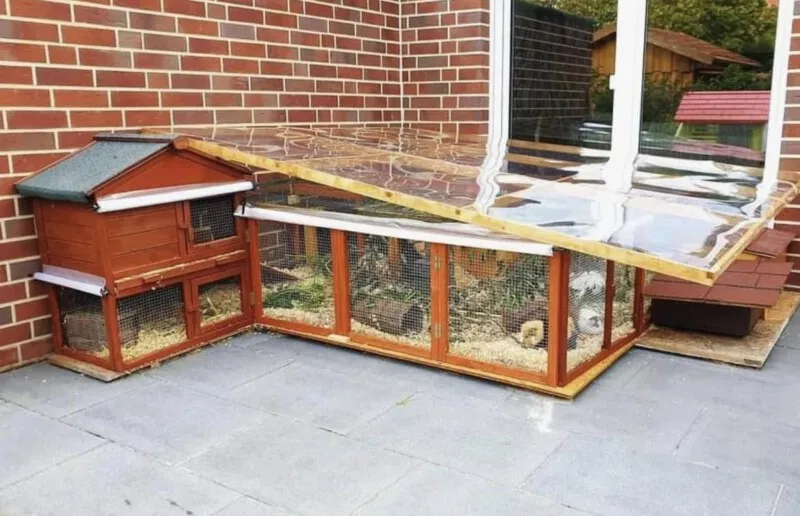 Ein Meerschweinchengehege auf einer Terrasse mit flachem Gitterdach und isolierter Schutzhütte