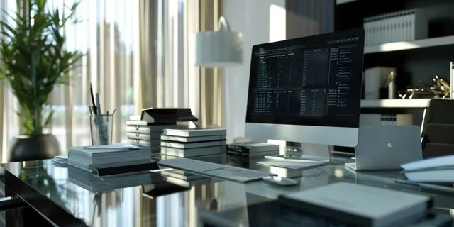 Ein modernes Büro eines Lohnmanagers mit einem schwarzen Schreibtisch, einem Computer mit Lohnsoftware und Finanzberichten, in heller, klarer Atmosphäre, die die Bedeutung von Lohnkonten für die Einnahmen-Ausgaben-Rechnung hervorhebt.