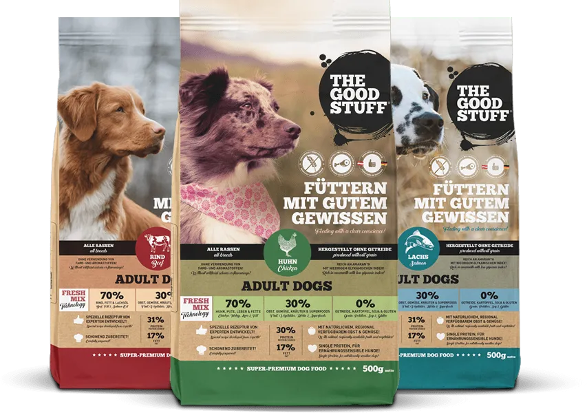 Ein Probierpaket für Trockenfutter von THE GOODSTUFF, mit verschiedenen Geschmacksrichtungen und Größen für Hunde.