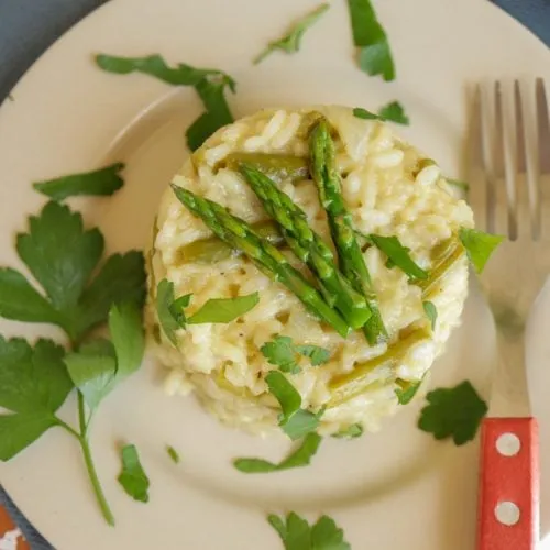 Ein quadratisches Bild, das einen fertig zubereiteten Teller mit Spargelrisotto zeigt. Das Gericht ist appetitlich angerichtet und bereit zum Servieren.