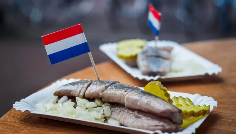 Ein roher Hering, &quot;Haring&quot;, wird traditionell auf einem Brötchen mit Zwiebeln serviert