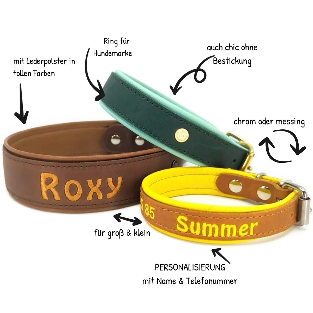 Ein schönes, personalisiertes Lederhalsband mit Namen bestickt für einen Hund