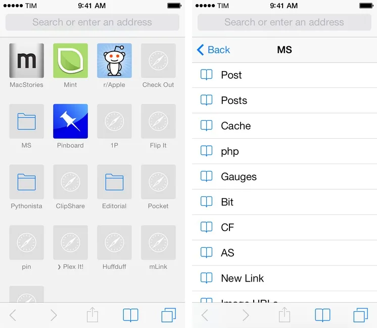 Ein Screenshot, der die Lesezeichen-Menü-Oberfläche von Safari auf einem iPhone zeigt.
