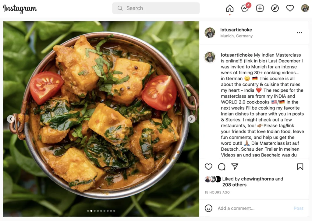 Ein Screenshot eines Instagram-Posts, der die Indian Masterclass bewirbt.