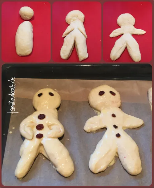 Ein traditioneller Weckmann aus Hefeteig, mit Rosinenaugen verziert.