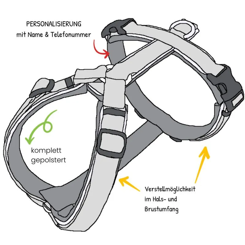 Ein Vario-Geschirr für Hunde in einer Skizzenansicht