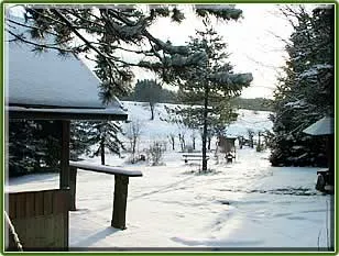 Ein verschneiter Weg führt durch den winterlichen Hotelpark