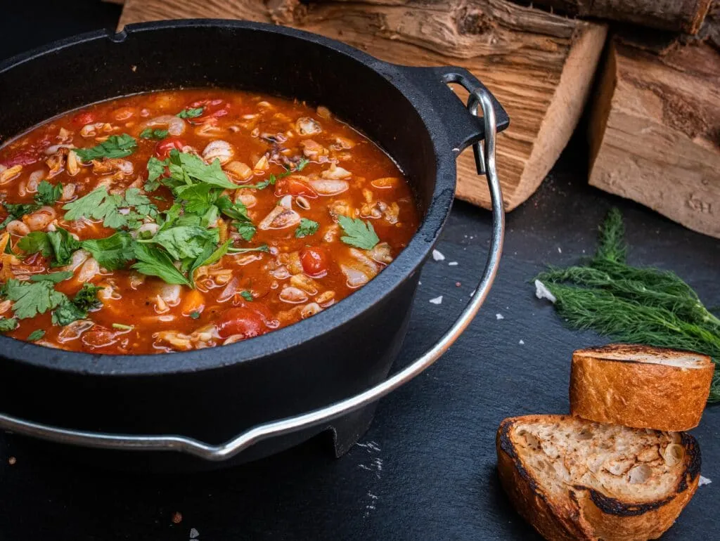 Eine aromatische Fischsuppe mit mediterranem Gemüse und Meeresfrüchten, langsam geköchelt im Dutch Oven.
