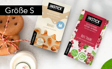 Eine Auswahl an INSTICK Getränkepulver-Packungen in verschiedenen Größen und Geschmacksrichtungen