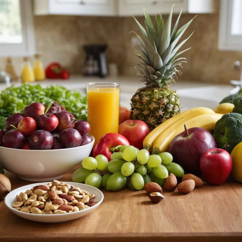 Eine bunte Anordnung von gesunden Lebensmitteln wie Obst, Gemüse und Nüssen auf einem Holztisch, mit Fokus auf den Nährwerten, in einer hellen Küchenumgebung, die einen gesunden Lebensstil nahelegt. Fotografie, hochauflösend mit natürlichem Licht und lebendigen Farben.