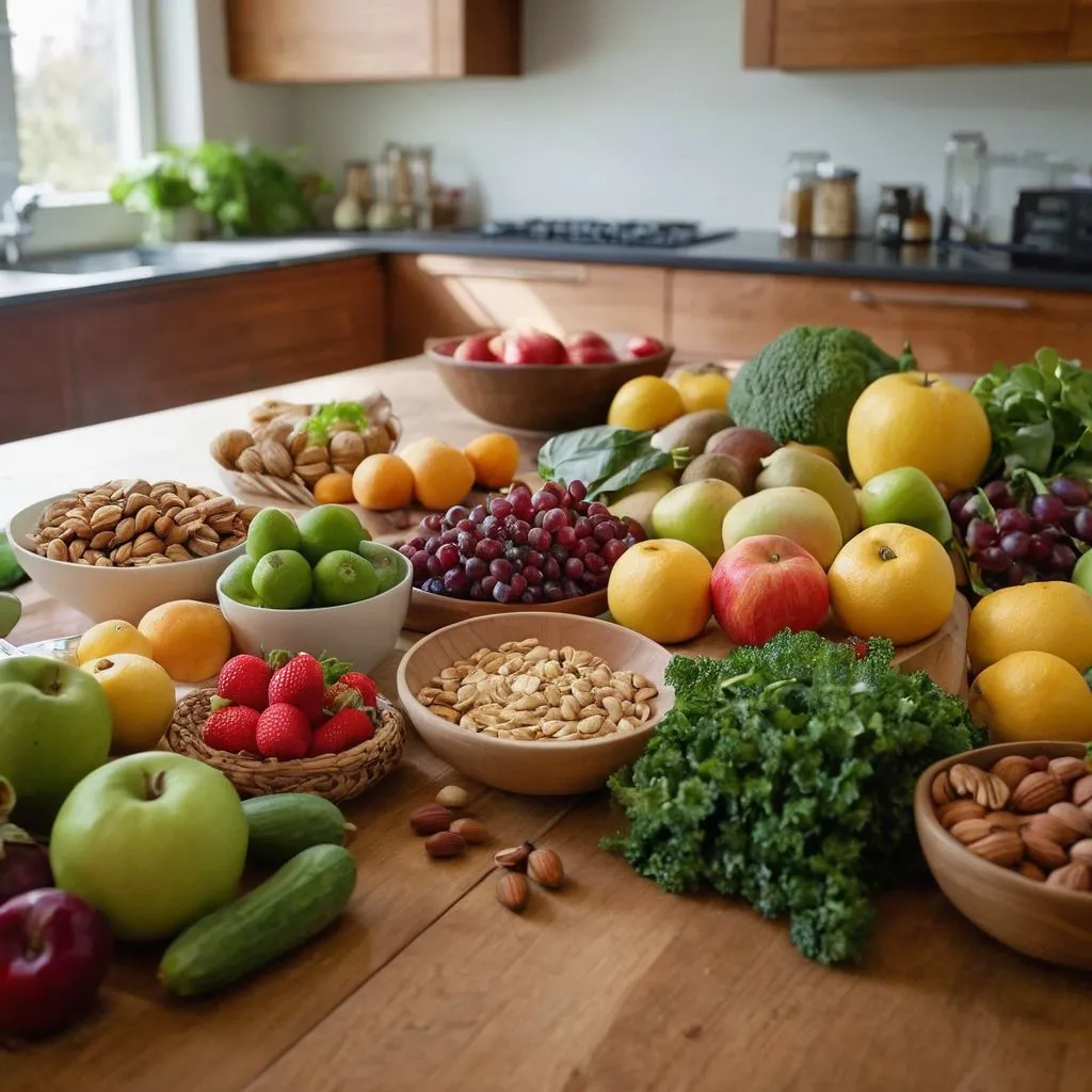 Eine bunte Auswahl an frischem Obst, Gemüse und Nüssen auf einem Holztisch, symbolisch für eine gesunde Ernährung zur Reduktion von Bauchfett.