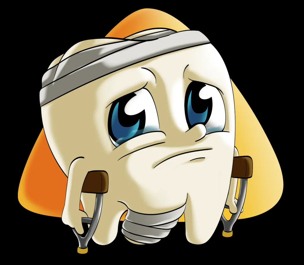 Eine cartoonhafte Illustration eines verletzten menschlichen Zahns mit traurigem Gesichtsausdruck, der auf Krücken steht. Der Zahn ist verbunden mit Bandagen am Kopf und am unteren Teil.