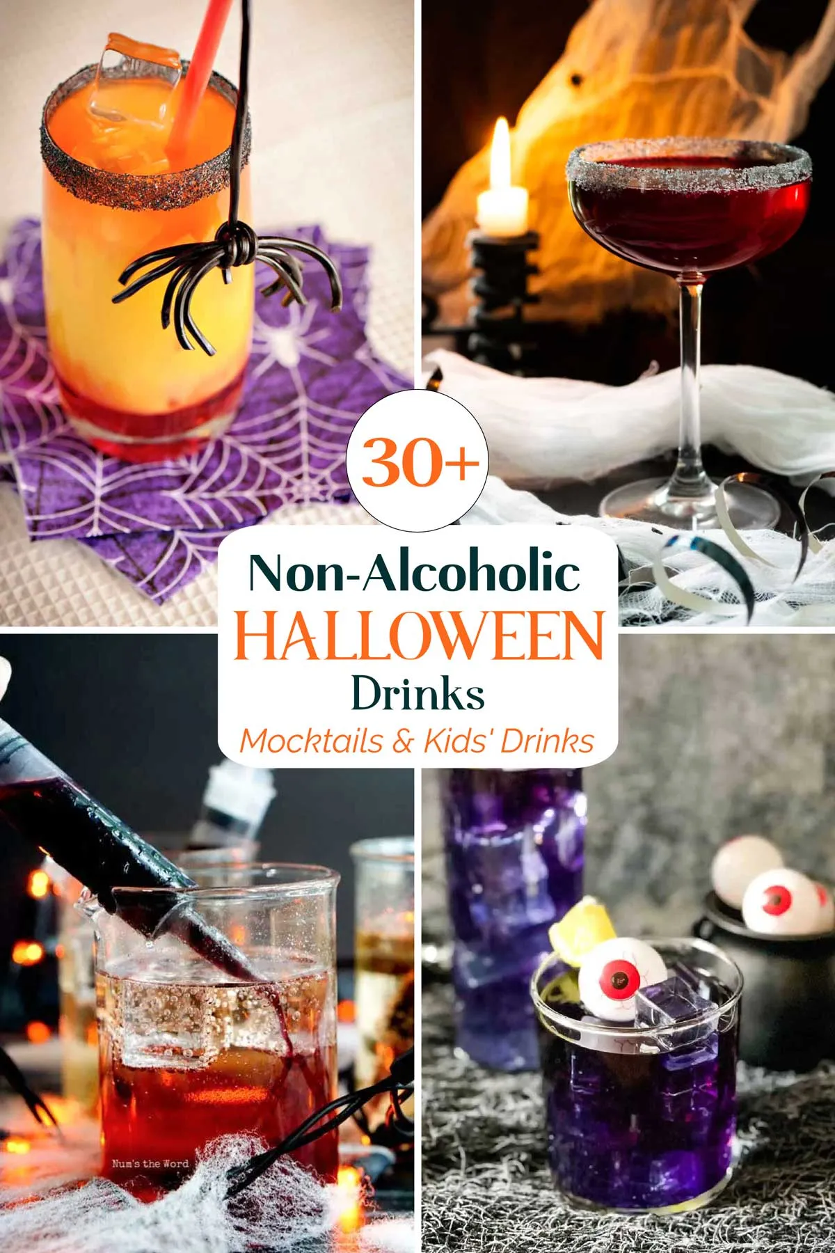 Eine Collage aus vier gruseligen alkoholfreien Halloween-Drinks, die Inspiration für festliche Mocktails bietet
