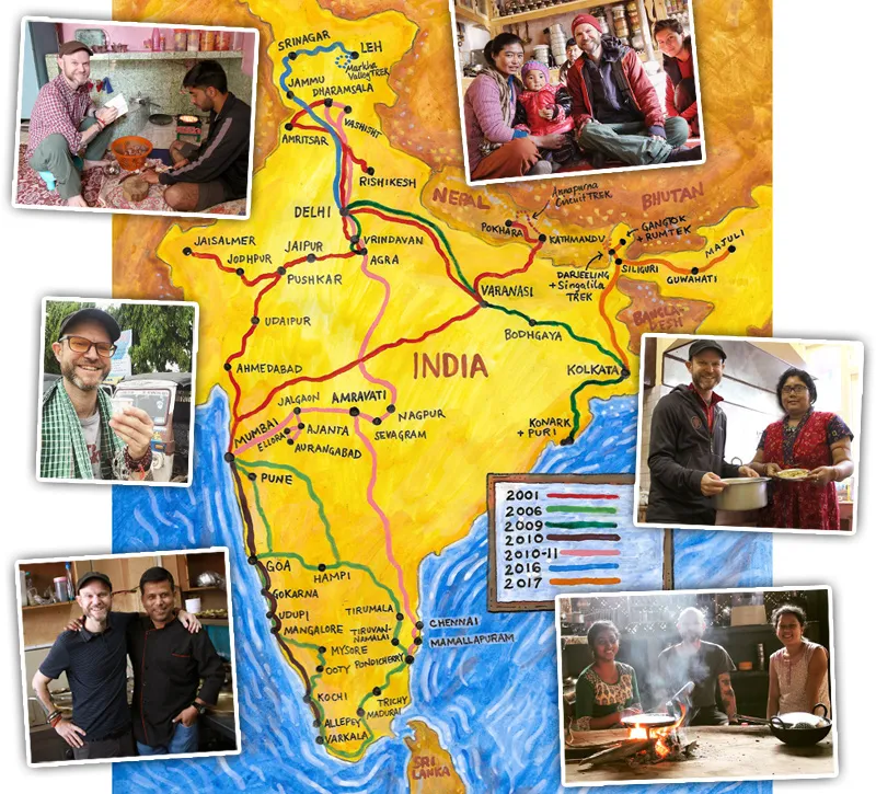 Eine Collage der Karte von Indien mit Illustrationen von Speisen, die die Vielfalt der indischen Küche zeigt.