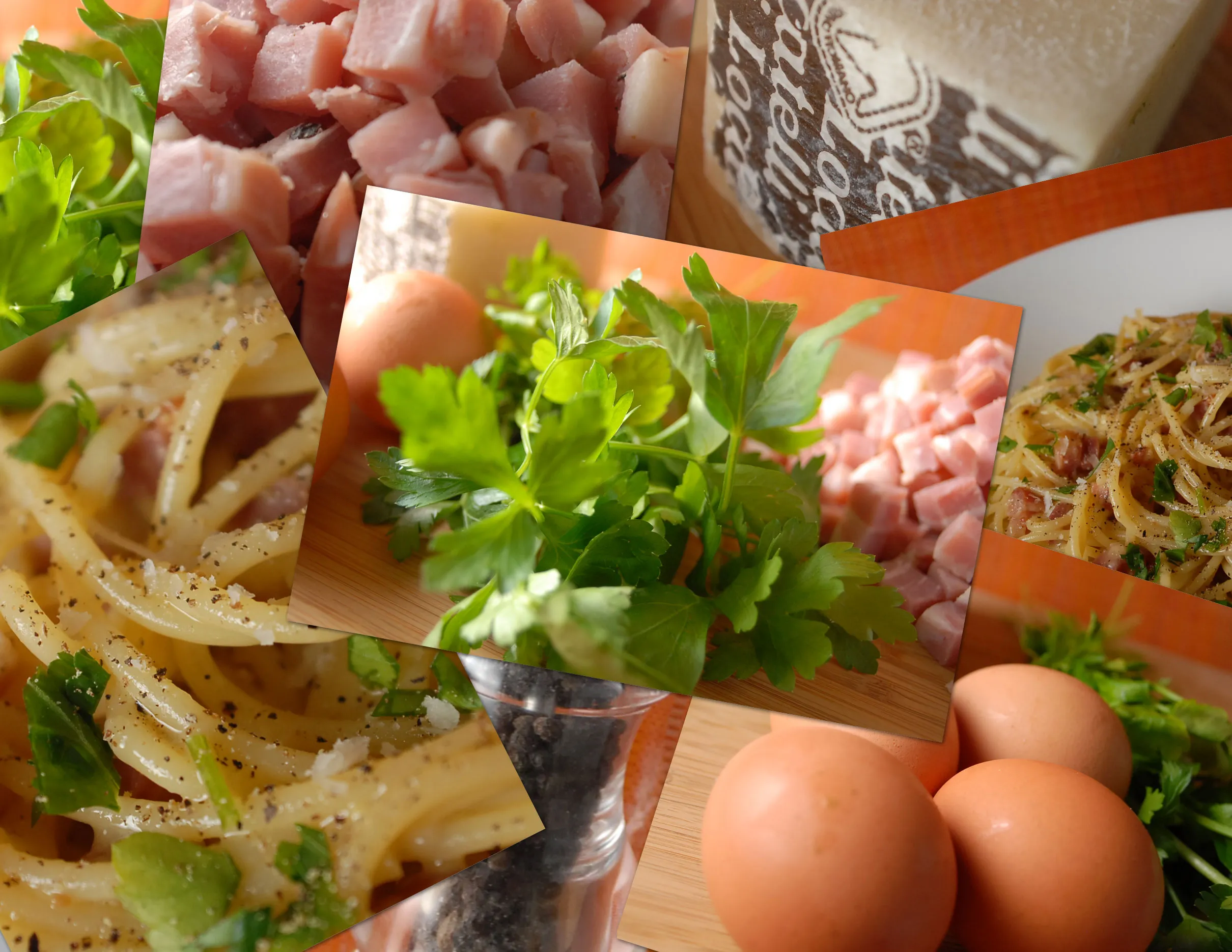 Eine Collage mit Zutaten für Spaghetti Carbonara, darunter frische Eier, Pecorino Romano Käse, Pancetta und gekochte Spaghetti, sowie ein Blick auf die Zubereitung.