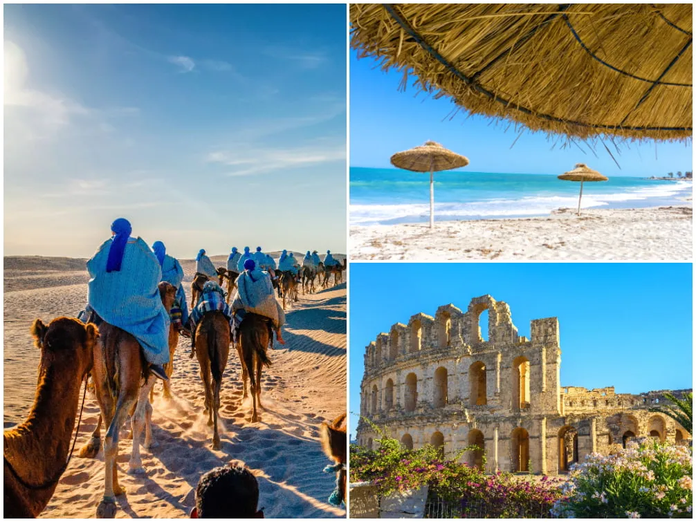 Eine Collage über Tunesien: Eine Kameltour durch die Sahara, ein sonniger Strand auf Djerba und das beeindruckende Amphitheater von El Djem.