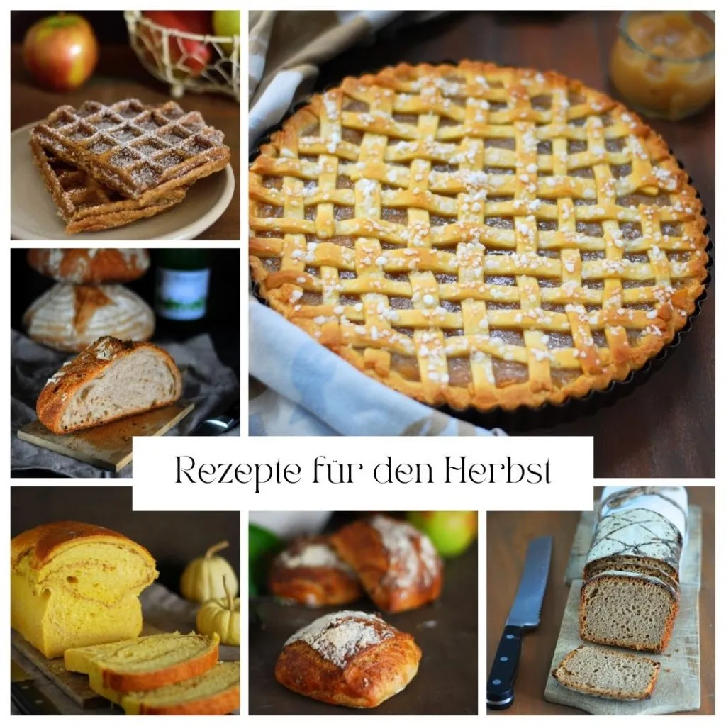 Eine Collage von herbstlichen Rezepten mit Äpfeln, Kürbis und Nüssen