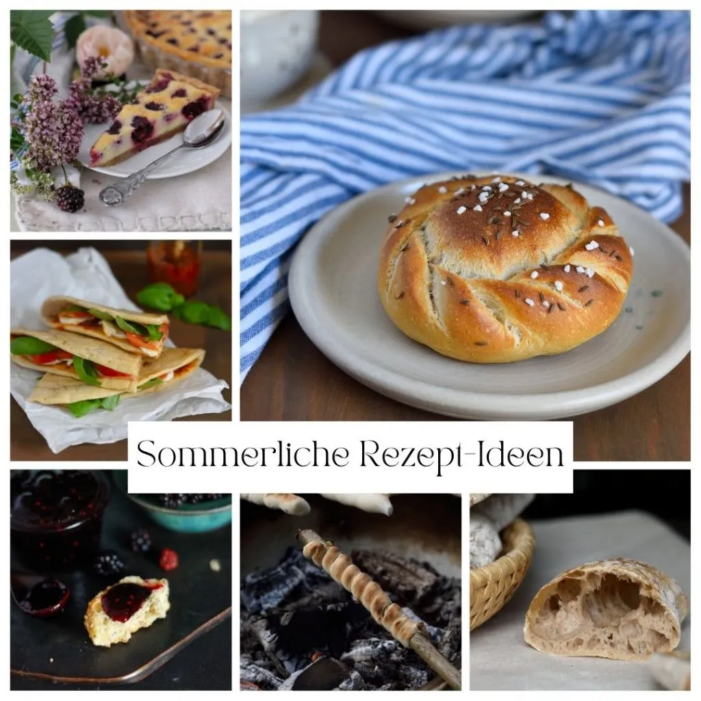 Eine Collage von sommerlichen Rezepten, darunter Beeren, Obstkuchen und Getränke