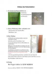 Eine detaillierte Montageanleitung für einen Katzenbalkon, die zeigt, wie das System einfach und sicher am Fenster befestigt wird.