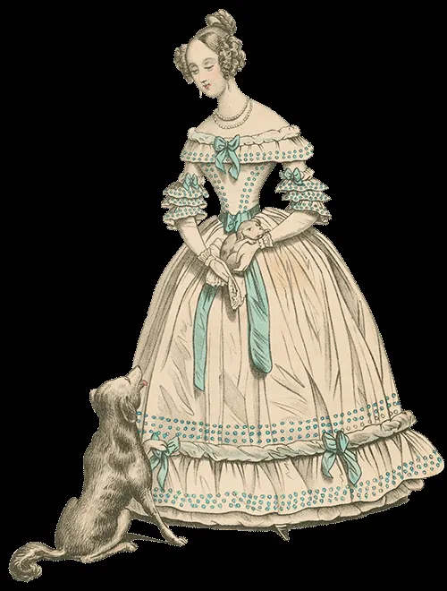 Eine elegante Dame im Biedermeier-Kleid mit einem Hund spazierend, Symbol für bürgerliche Freizeitkultur