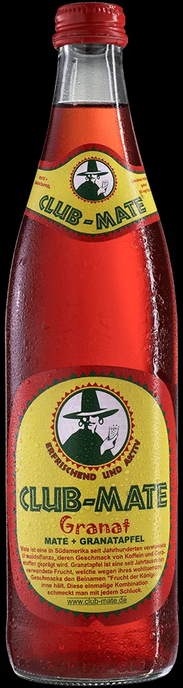 Eine Flasche Club-Mate Granat mit Granatapfelgeschmack für exotische Erfrischung