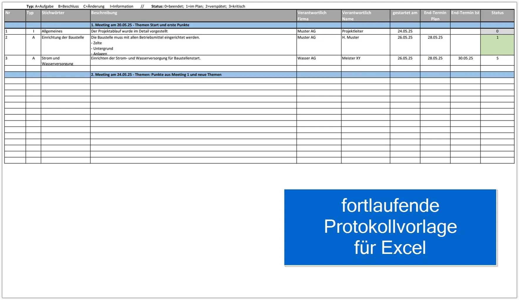 Eine fortlaufende Besprechungsprotokoll Excel Vorlage zur effizienten Dokumentation von Meetings und Projekten