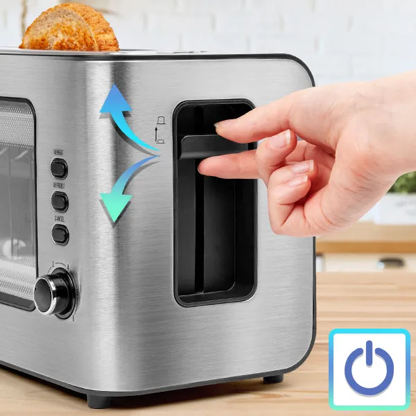 Eine Hand drückt den Hebel eines automatischen Toasters nach unten, um den Toastvorgang zu starten, was die intuitive Bedienung hervorhebt.