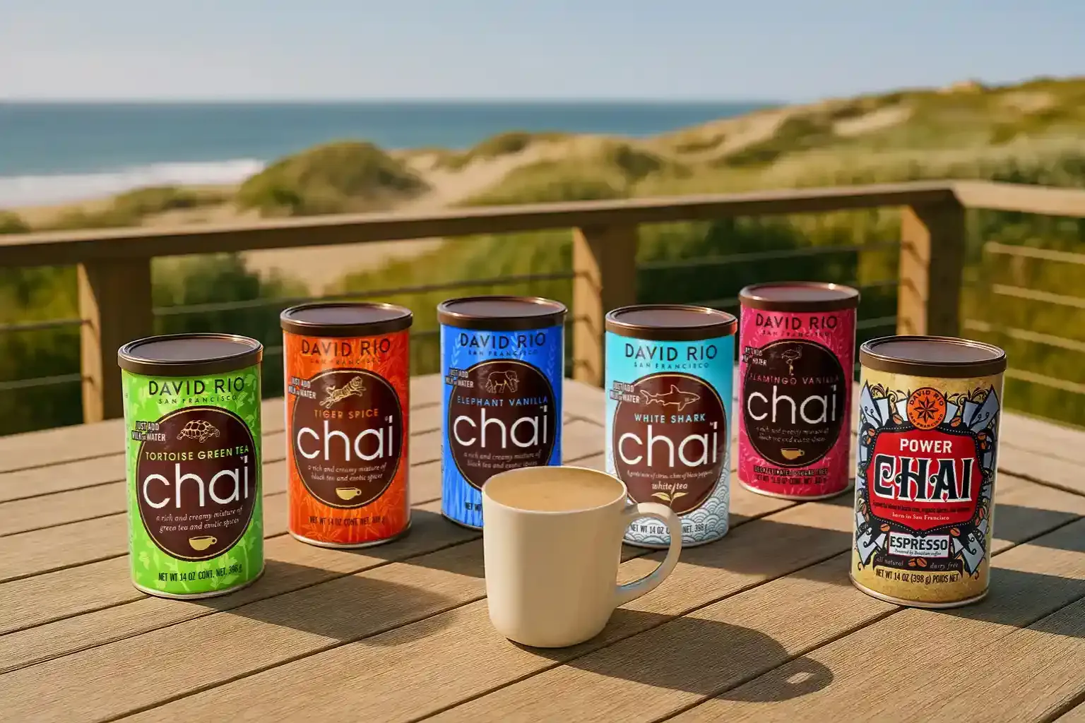 Eine ikonische Dose David Rio Chai, die für moderne, hochwertige Chai-Mischungen steht.