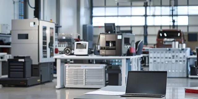 Eine moderne Büroumgebung mit verschiedenen Möbeln, einem offenen Laptop und einer Liste von Büroausstattung, Maschinen und Fahrzeugen auf einem Tisch. Helle und einladende Atmosphäre, die ein Anlagenverzeichnis für Kleinunternehmer veranschaulicht.