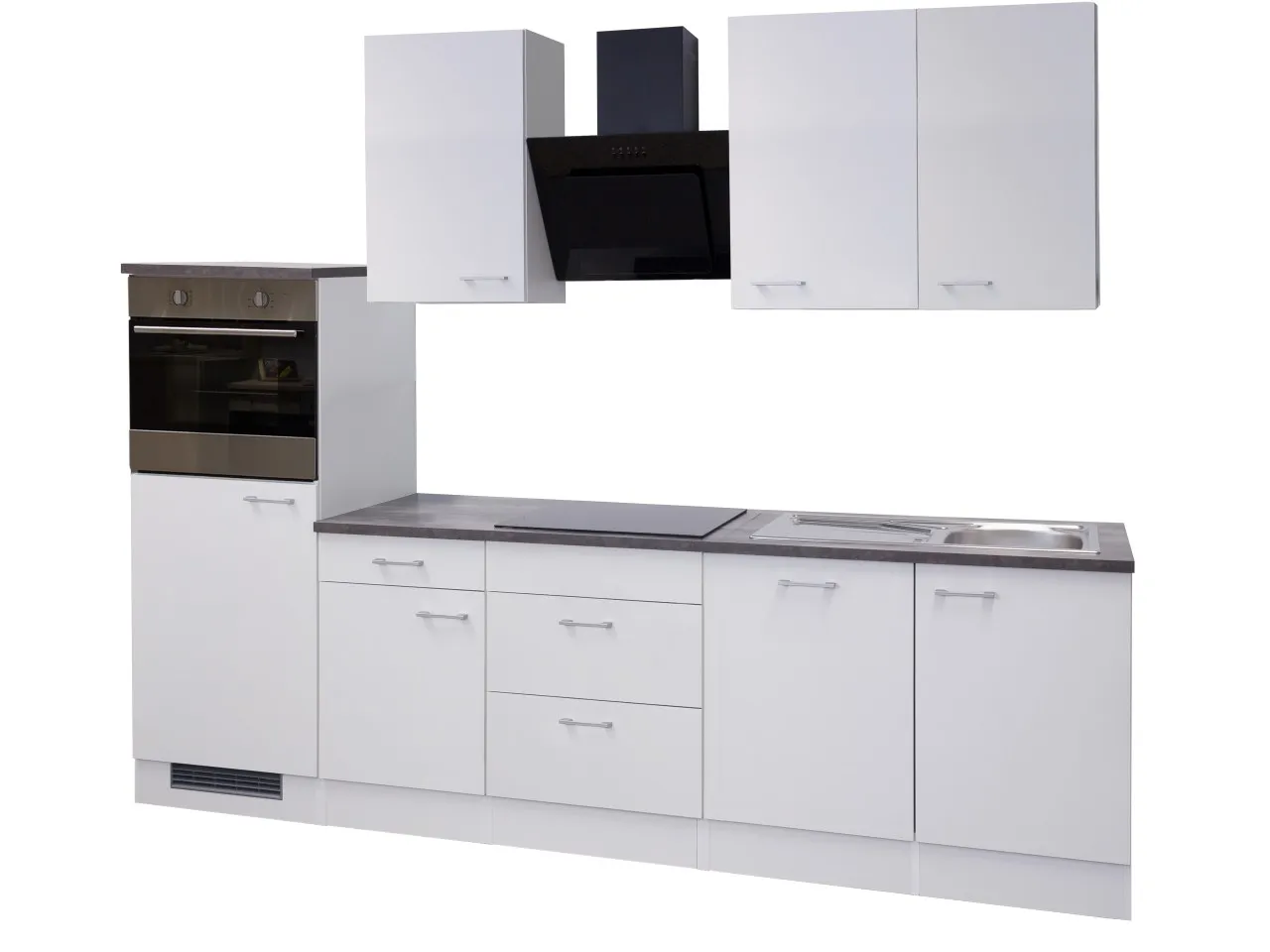 Eine moderne Küchenzeile mit integrierten Elektrogeräten und Geschirrspüler