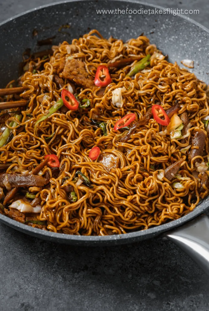 Eine Nahaufnahme von veganen Mie Goreng Nudeln mit Tempeh und Gemüse, appetitlich angerichtet für ein vegetarisches Gericht.