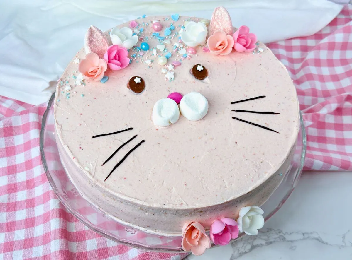 Eine niedliche Katzentorte, kunstvoll gebacken und verziert für eine Kindergeburtstagsparty