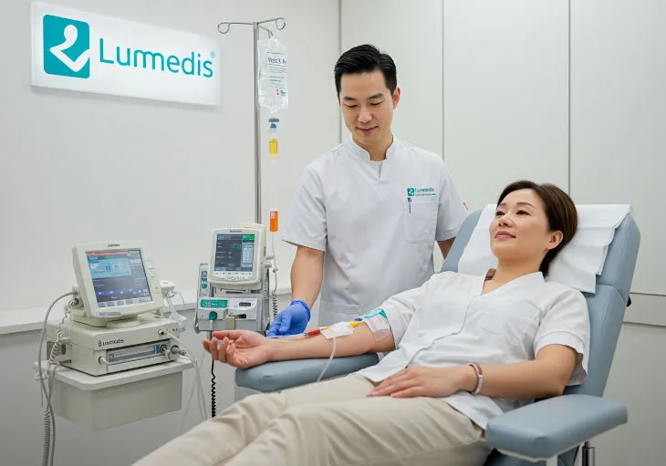 Eine Patientin erhält eine Eiseninfusion in der Lumedis Praxis, zur Behandlung von Eisenmangel und dessen Symptomen.