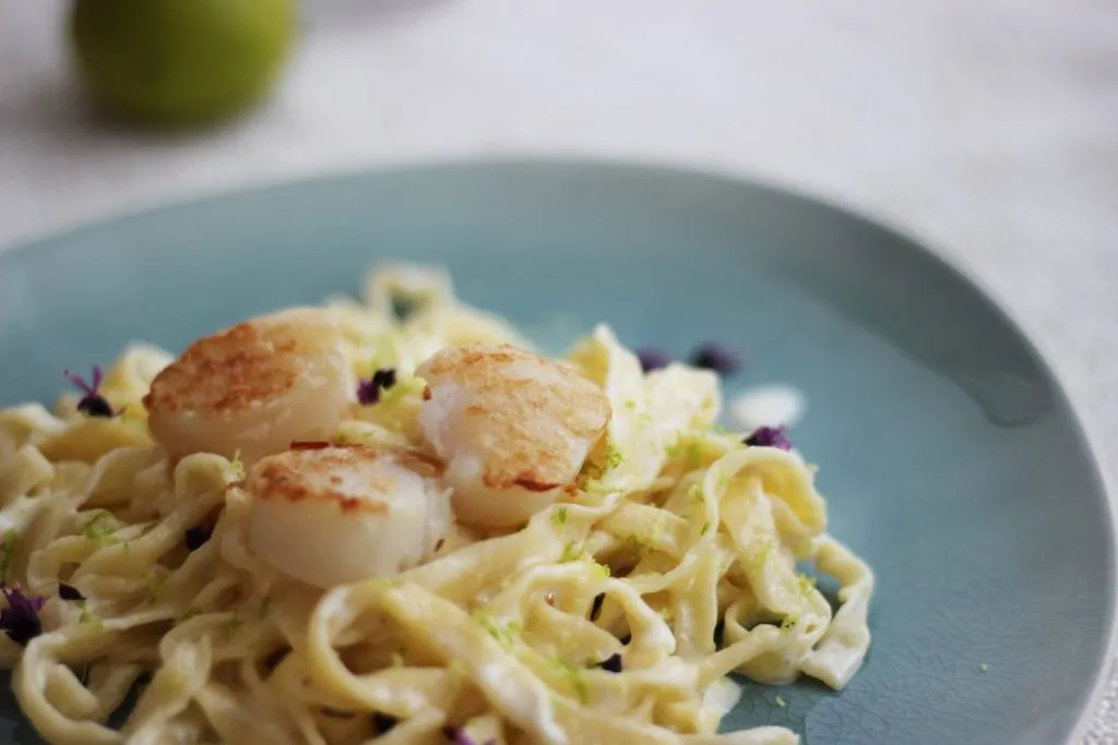 Eine Portion frische Tagliatelle mit cremiger Limettensauce und Jakobsmuscheln, bereit zum Servieren, auf einem dunklen Teller.