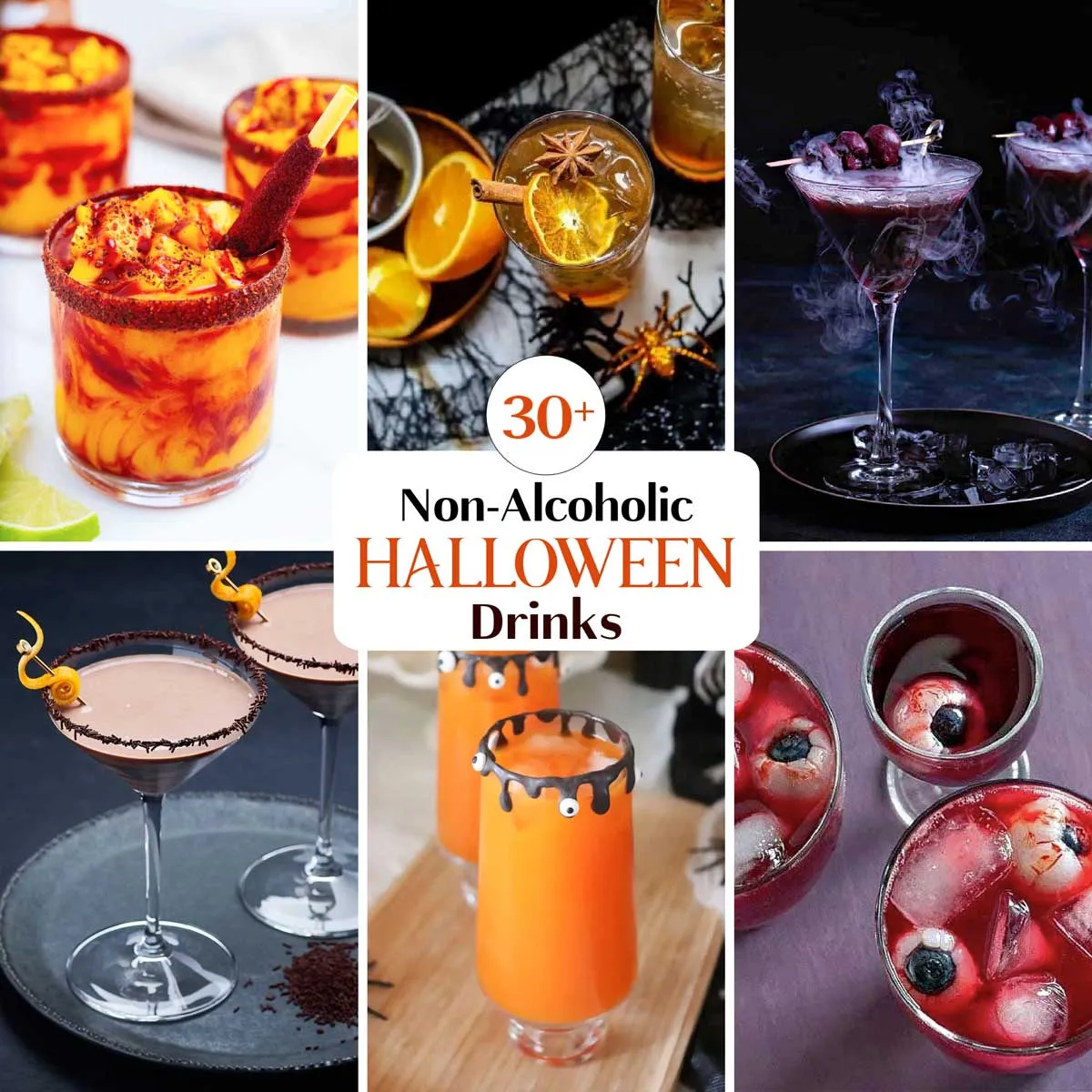 Eine quadratische Collage mit sechs Rezeptfotos und Textüberlagerung, die alkoholfreie Halloween-Getränke zeigt