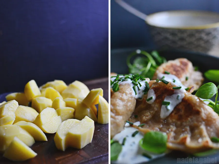 Eine Reihe fertig geformter Pierogi, bereit zum Kochen.