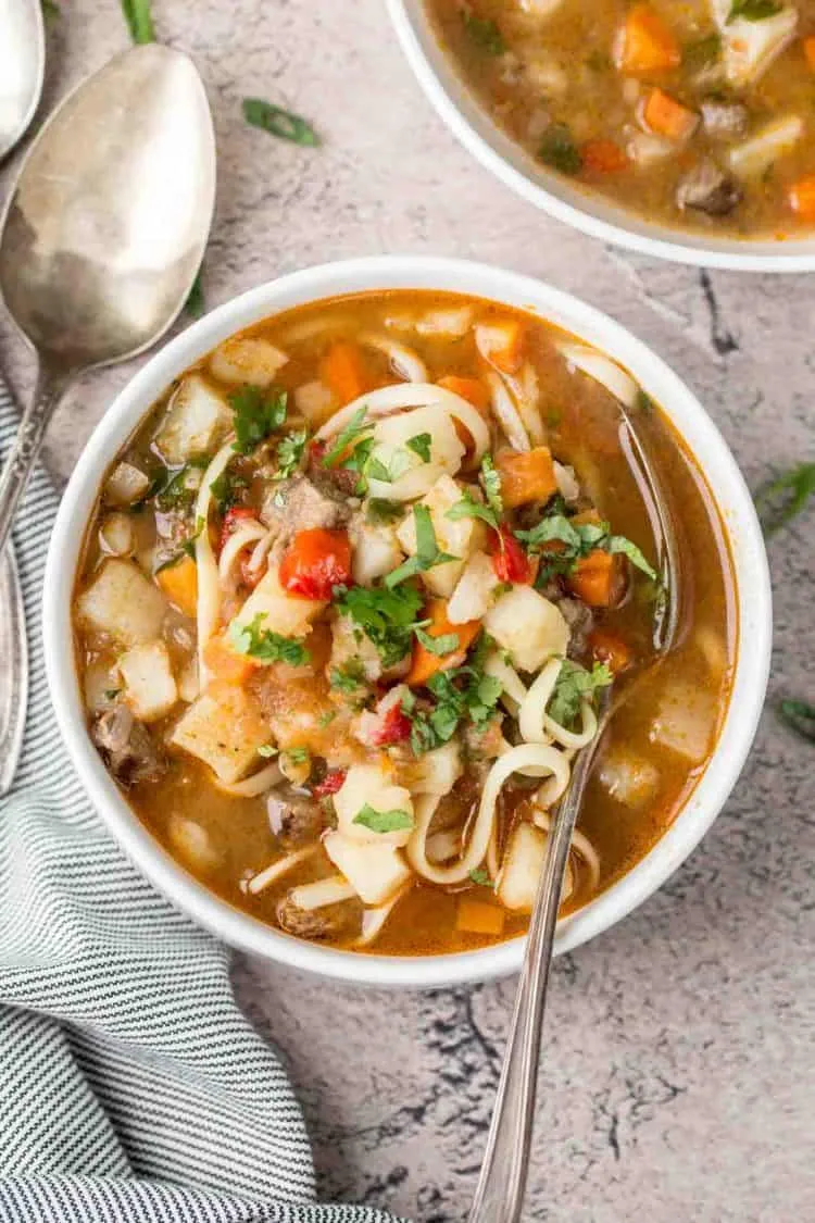 Eine Schüssel usbekischer Lagman-Suppe mit Fleisch und Gemüse, serviert über Nudeln.