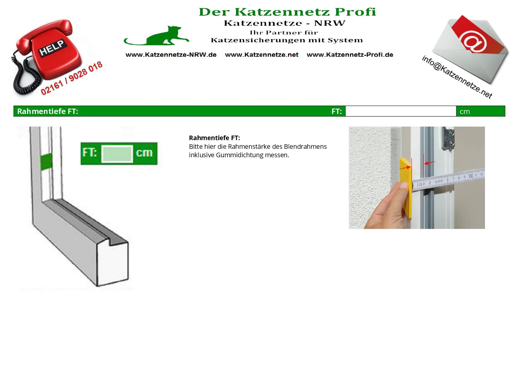 Eine Skizze, die die Messung der Rahmentiefe für ein Katzengitter Fenster zeigt.