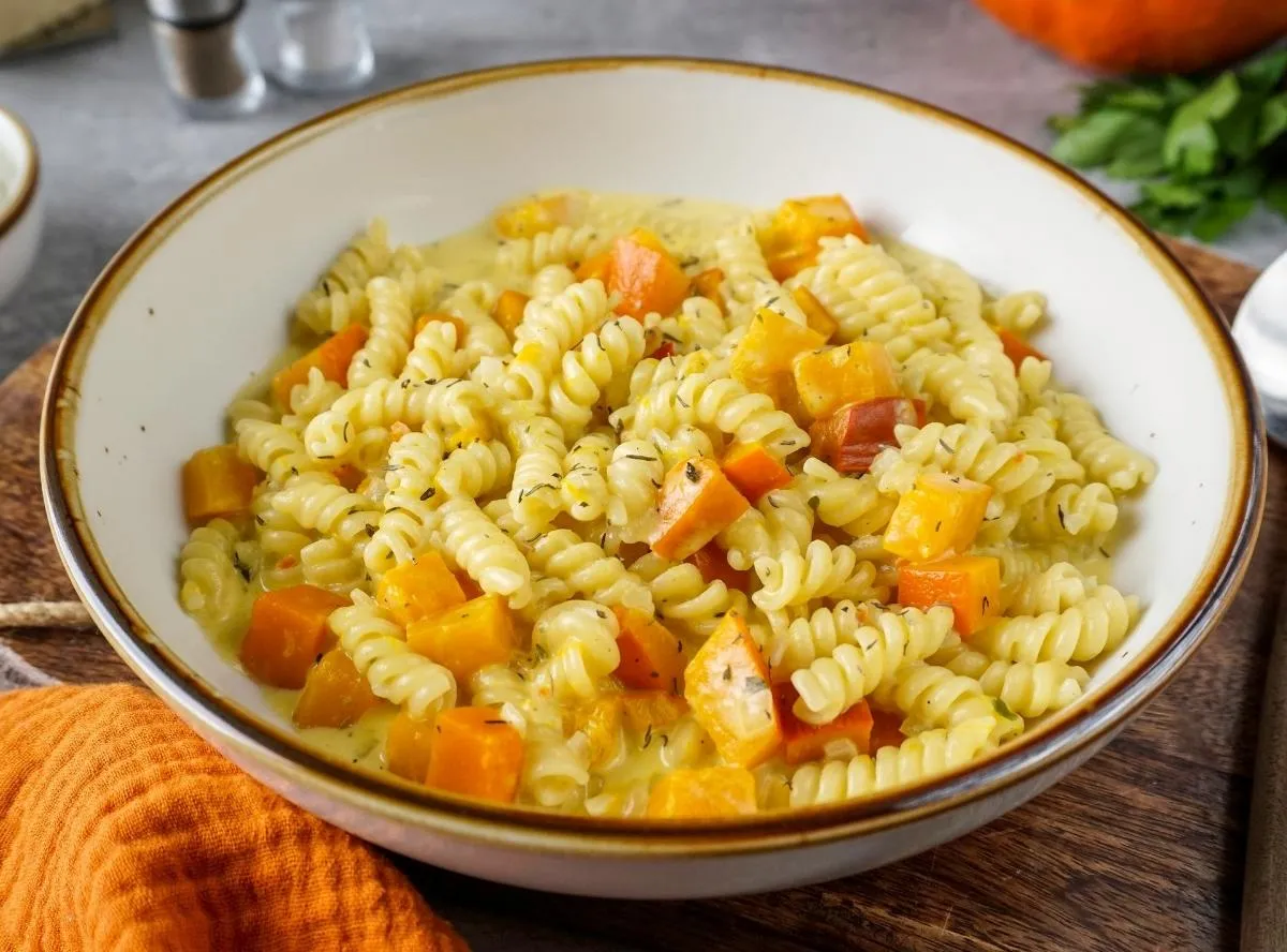 Einfache One Pot Kürbis Pasta mit cremigem Hokkaido und Nudeln, alles in einem Topf zubereitet