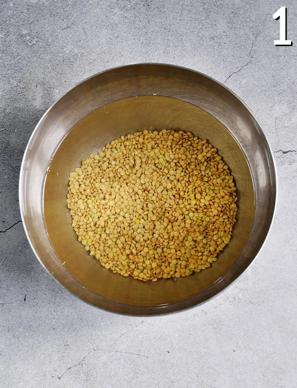 Eingeweichte Linsen in einer großen Edelstahlschüssel, bereit für die Zubereitung von Linsenbrot.