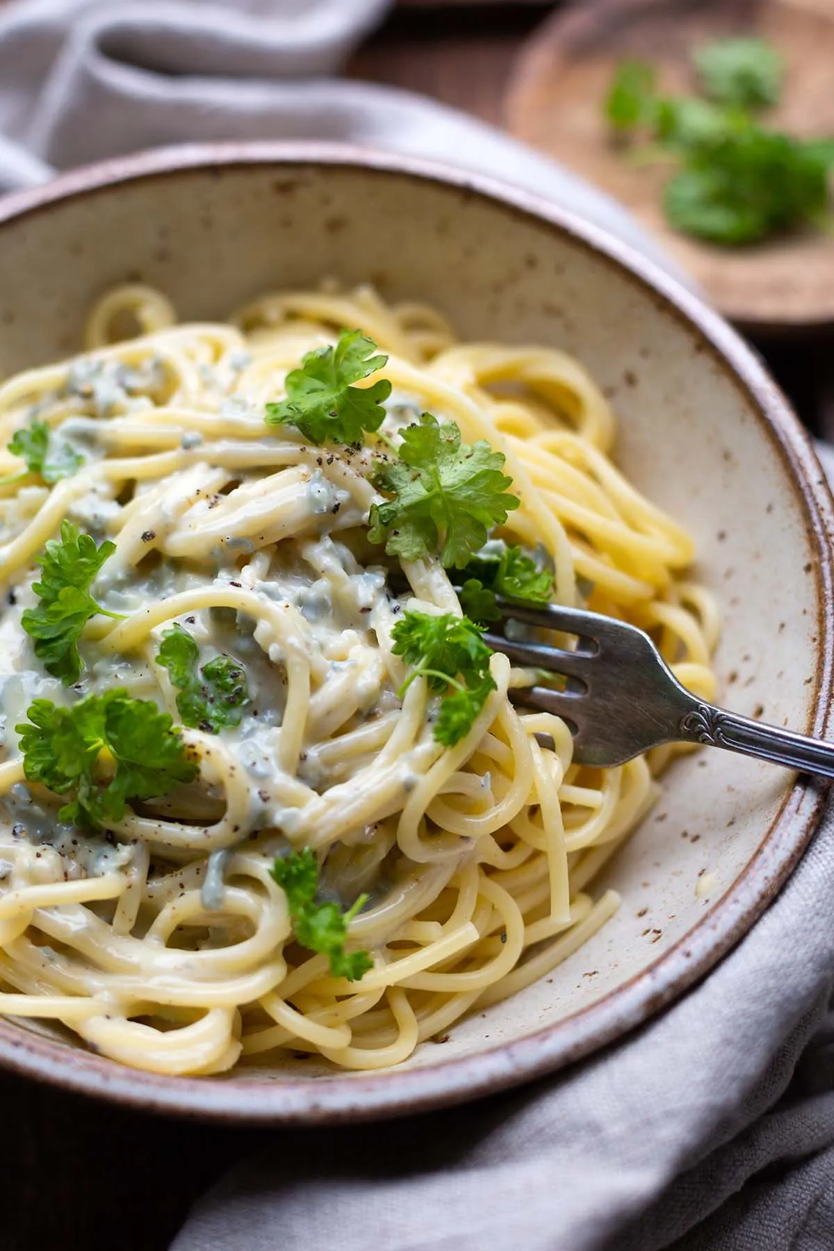 Einladende Gorgonzolasauce mit perfekt al dente gekochten Spaghetti, angerichtet in einer ansprechenden Steingut-Schüssel.