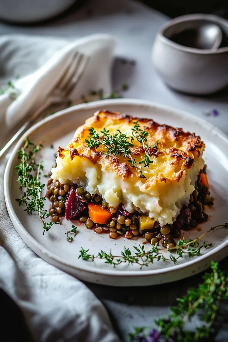 Einladendes Foto eines veganen Shepherd's Pie, der die farbenfrohen Zutaten und die Textur des Kartoffel-Sellerie-Stampfes zeigt.