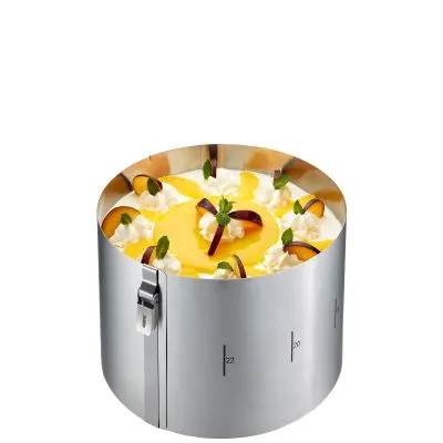 Einstellbarer Edelstahl-Tortenring, der eine Obsttorte mit Sahnedekor und frischen Früchten umschließt